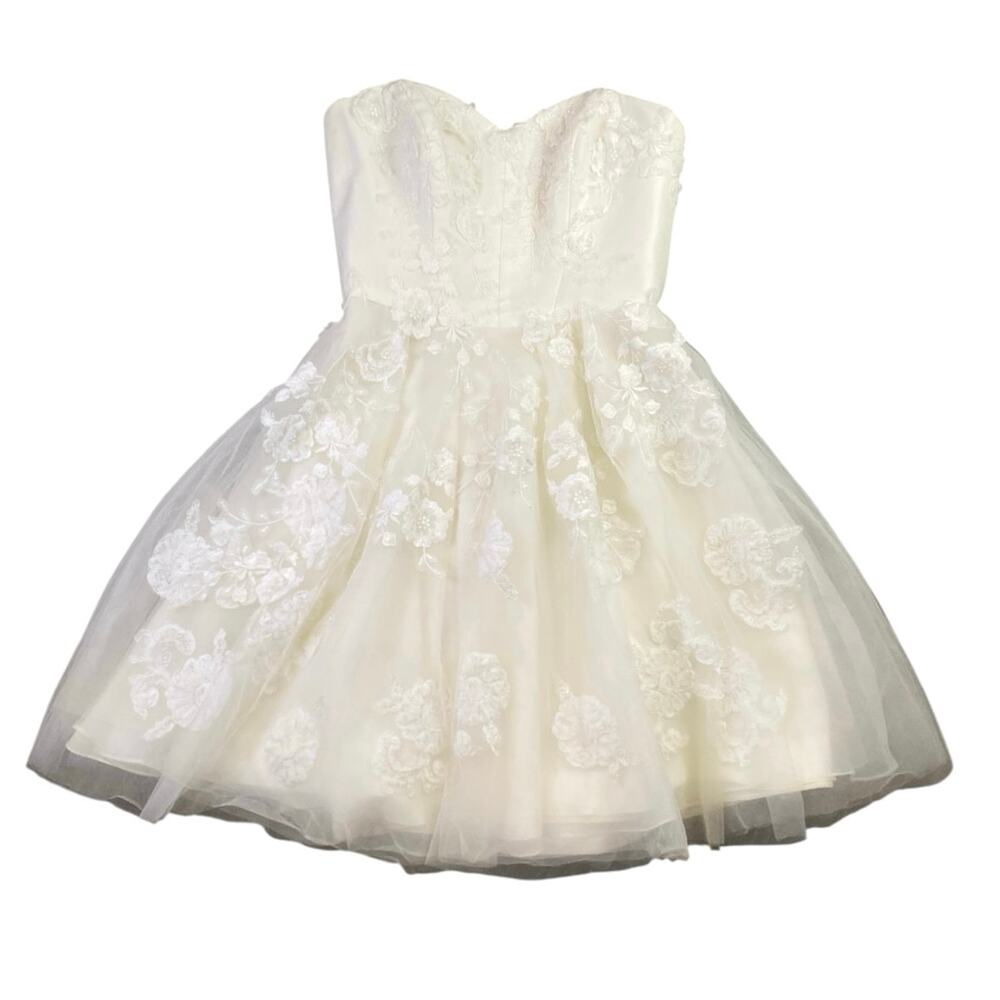 Strapless Ivory Lace Appliqué Midi Dress